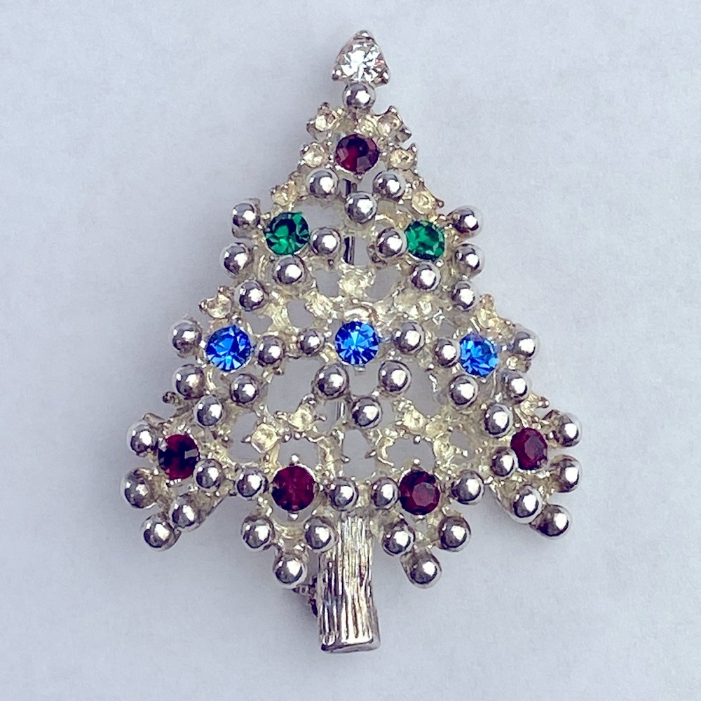 Authentic Genuine 80s Rhinestone silver tone Christmas tree pin brooch